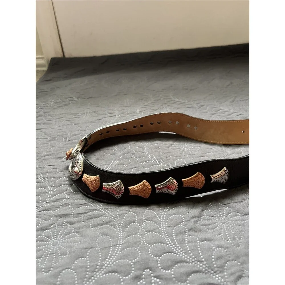 Streets Ahead VTG Silver & Rose Gold Medallion Black Leather Belt SZM/L RARE 42